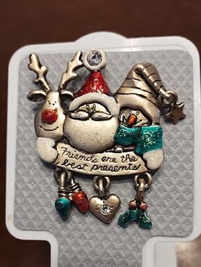 Holiday Friends Pendant Pin - Santa, Reindeer & Snowman in Red, Green, Silver